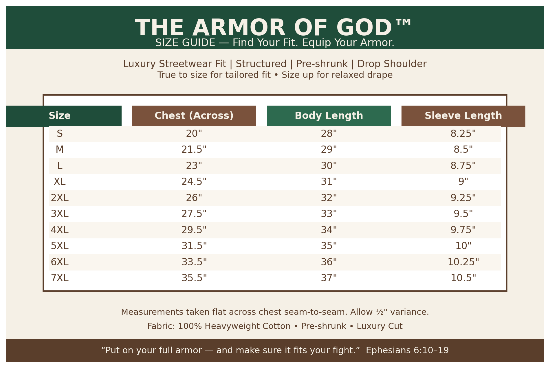 Size guide for 'The Armor of God' clothing line with measurements for chest, body length, and sleeve length.